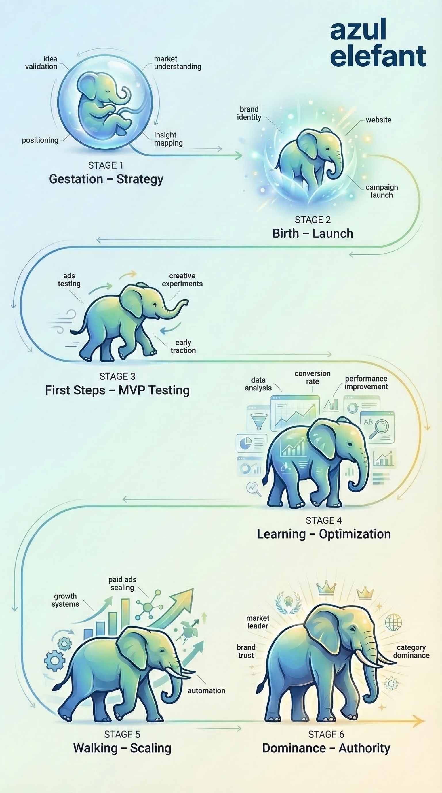 Azul Elefant Brand Growth Journey — 6 stages from Gestation to Dominance
